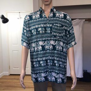 NWOT, Thai Elephant Men Shirt, shortsleeve 100% Cotton, Dark Blue Green, size XL
